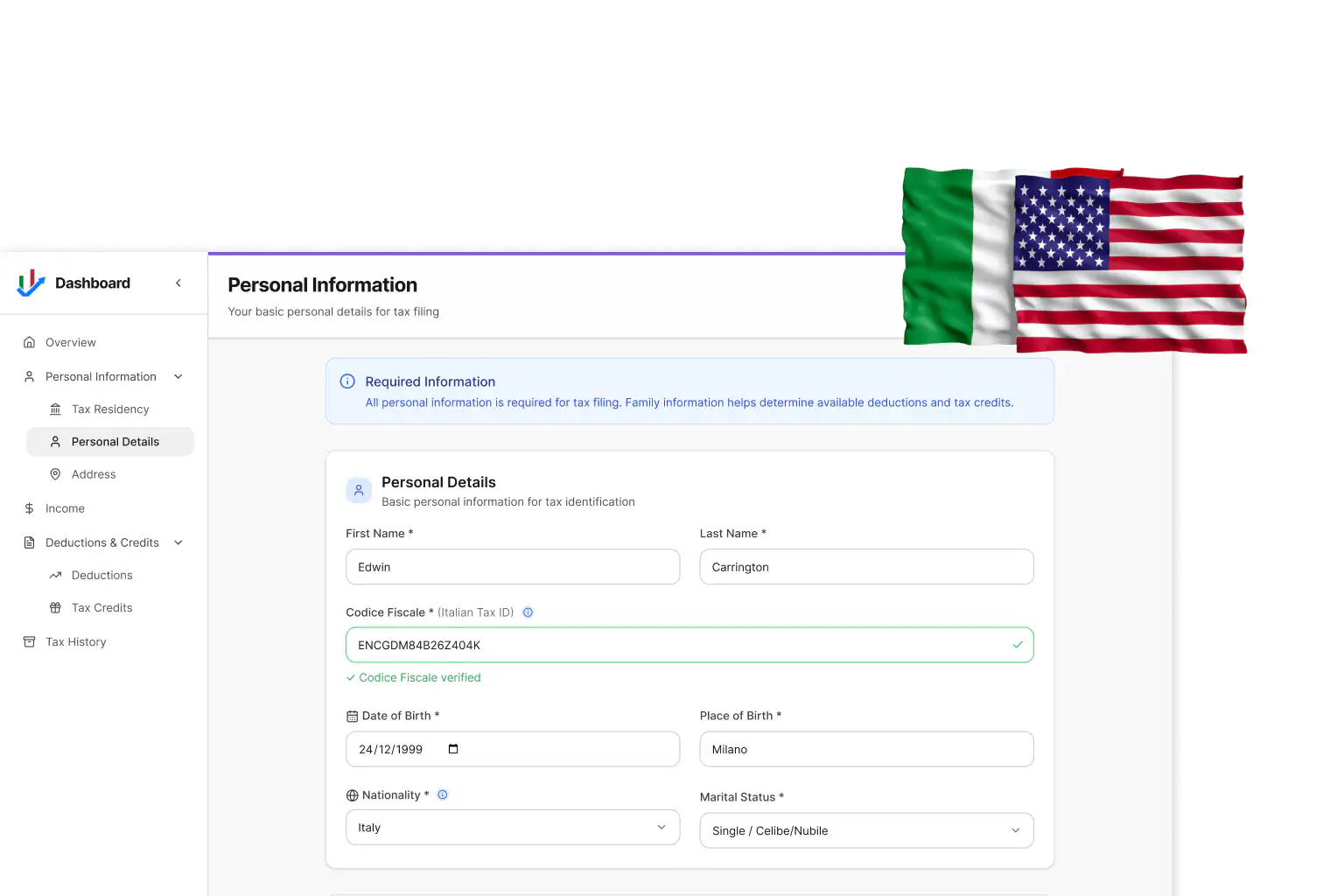 English-language interface for Italian tax filing