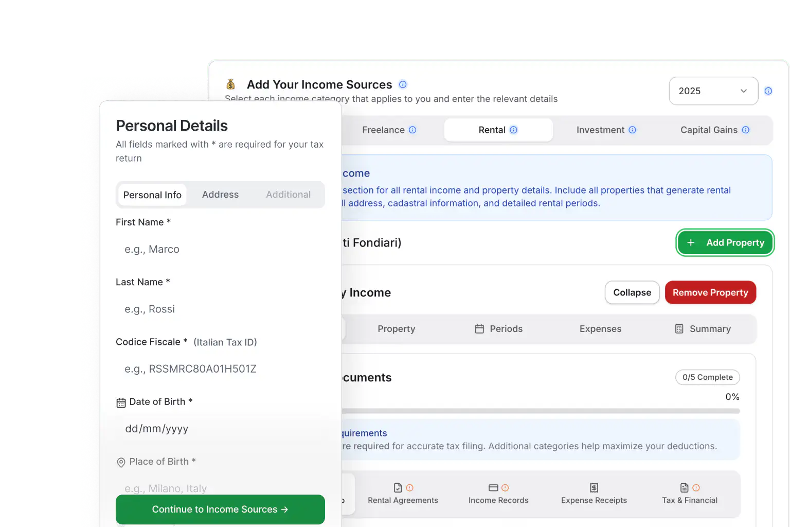 ItalianTaxes.com filing dashboard showing rental income tax form