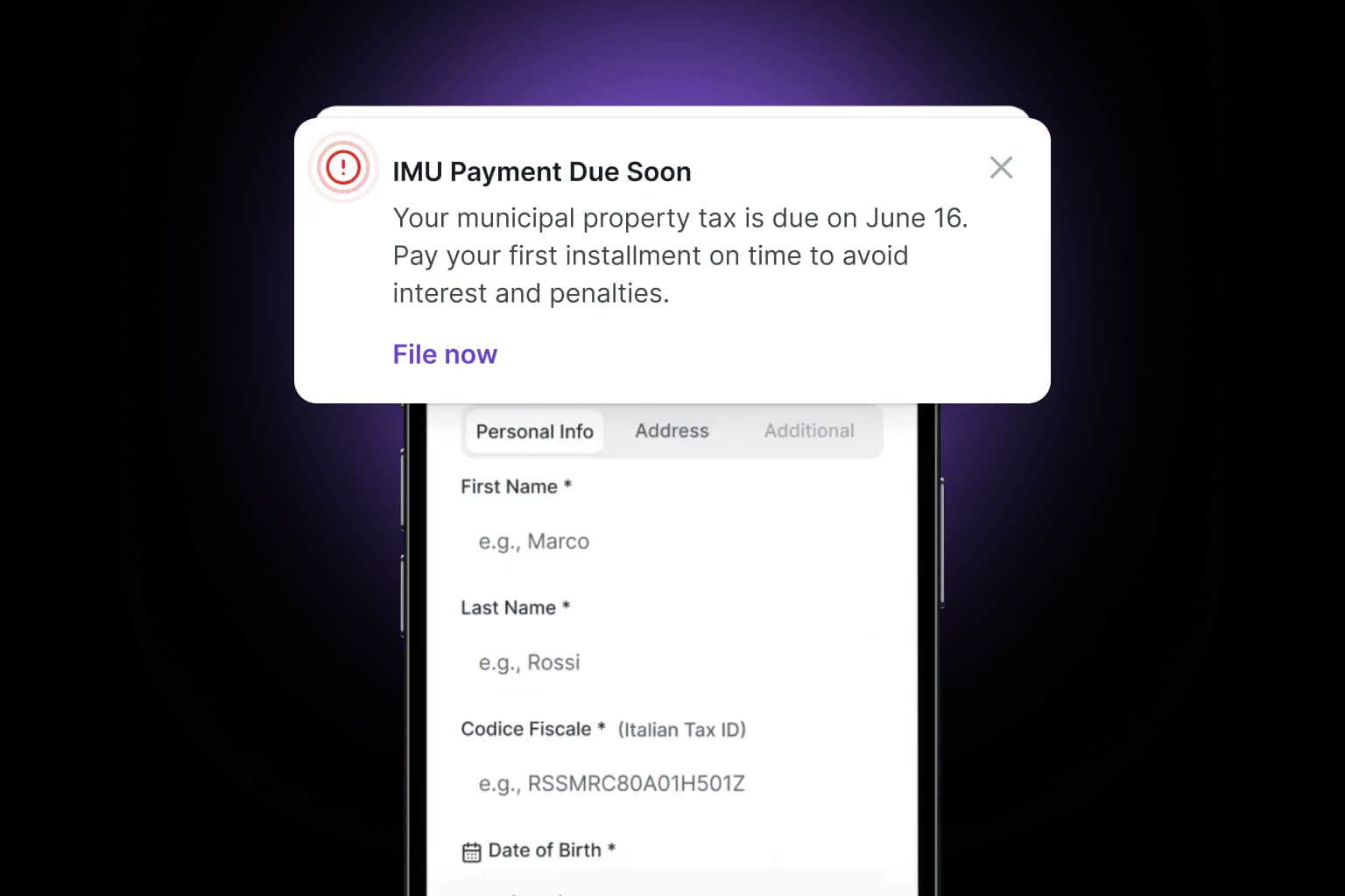 IMU payment deadline notification on the ItalianTaxes.com platform